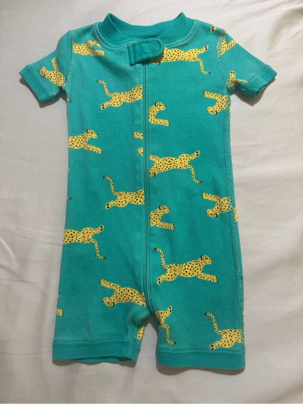 +NWOT Hanna Andersson Cheetah Short John Romper Zip Pajama Teal 3-6M 60cm